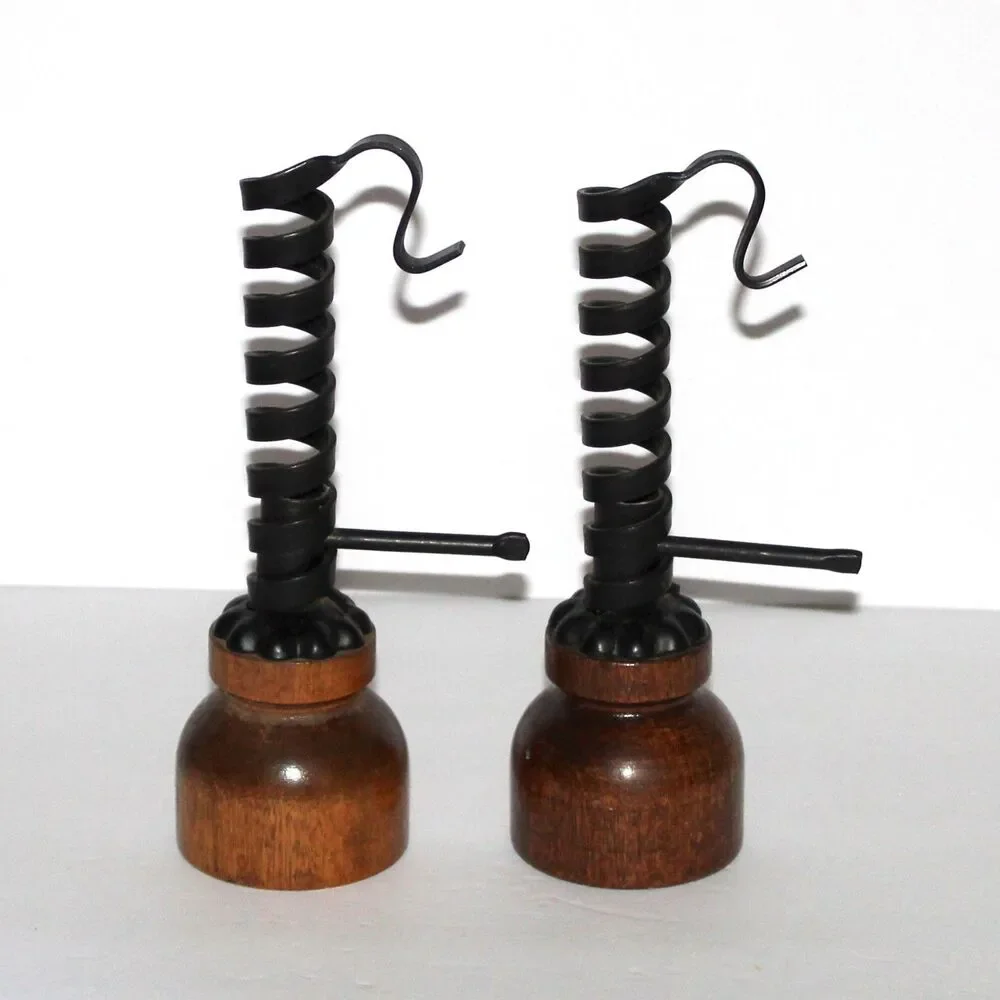 Vintage Iron And Wood Pair Of Two Matching Courting Candle Holders